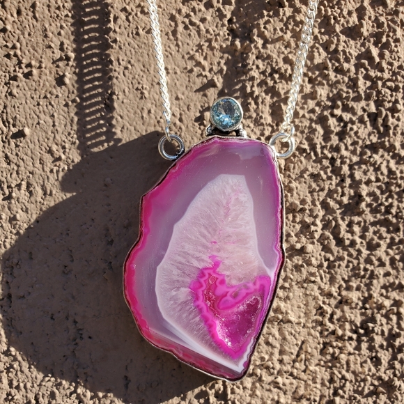 New Pink Agate Druzy & Apatite 925 Silver Necklace. - Picture 9 of 15